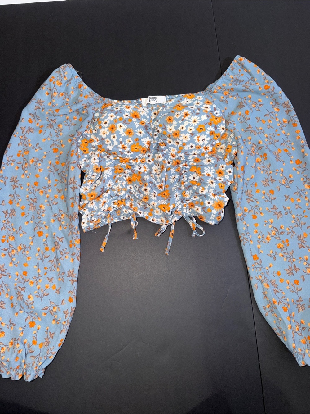 Steve Madden Floral Puff-Sleeve Crop Top in Light Blue and Orange